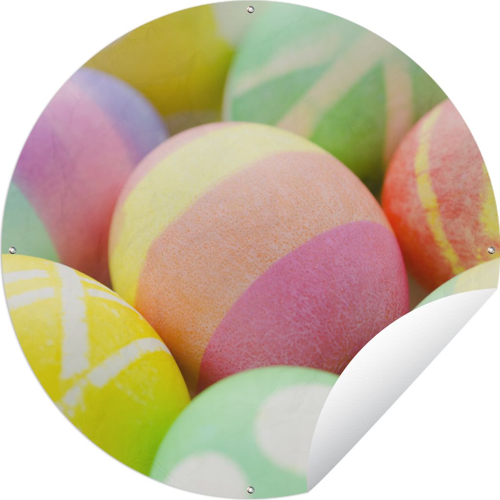 MuchoWow Gartenposter Outdoor-Poster Rund Eine Nahaufnahme der zu Ostern bemalten Eier Ø 120 cm Gartendeko Rundes Poster draußen