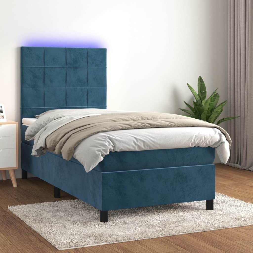 vidaXL Boxspringbett mit Matratze & LED Dunkelblau 90x200 cm Samt - Boxspringbett - Boxspringbetten - Bett - Schlafzimmermöbel