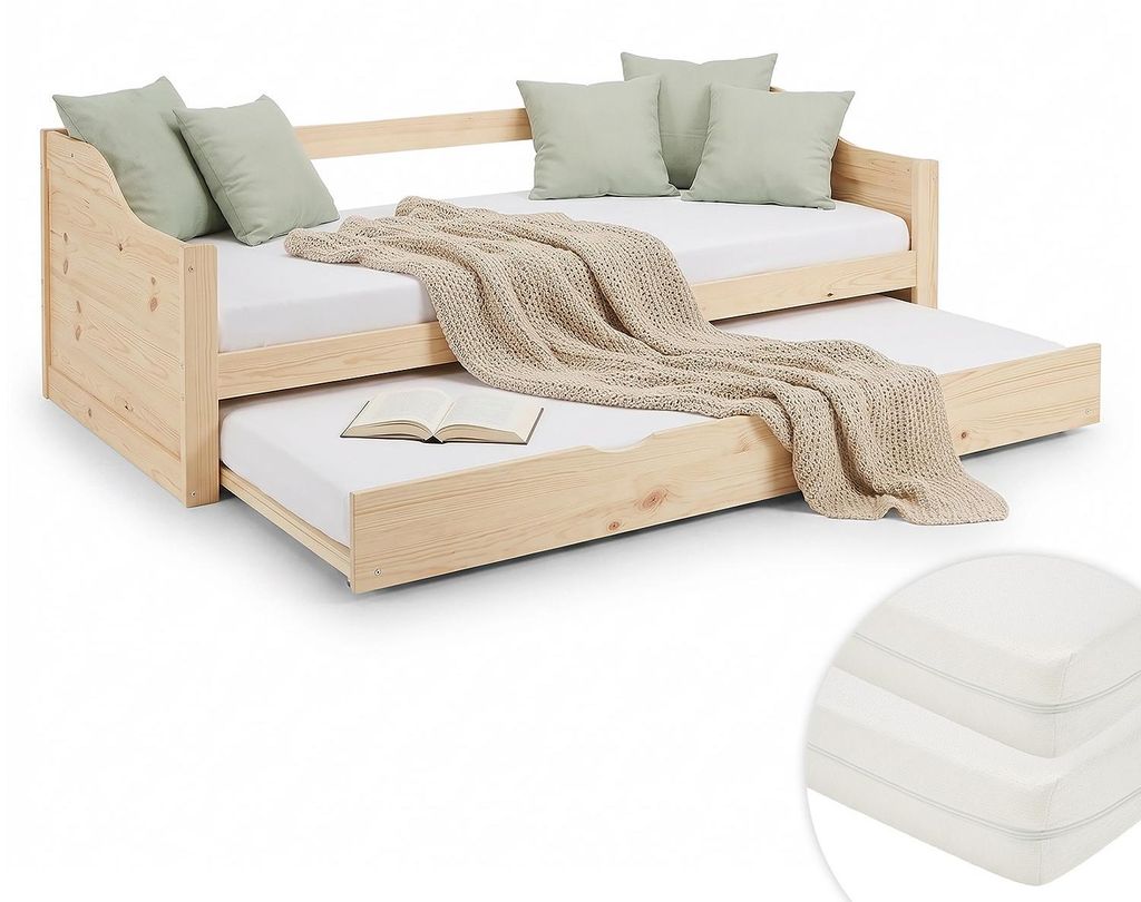 Holzbett 90x200 cm mit 2 Matratzen Tagesbett Ausziehbett Obrázek produktu 