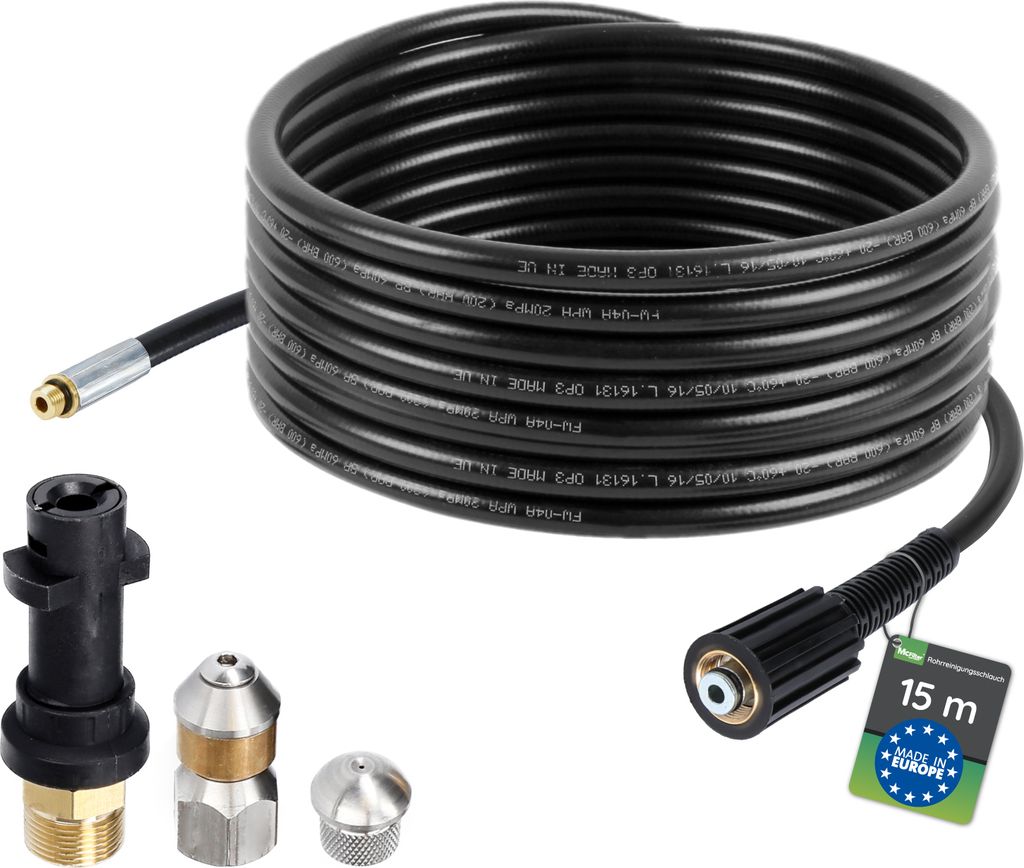 McFilter Rohrreinigungsschlauch, 15m, 160 bar, kompatibel mit Kärcher, K2, K3, K4, K5, K6, Hochdruckreiniger, inkl. Adapter, Düsen starr + rotierend