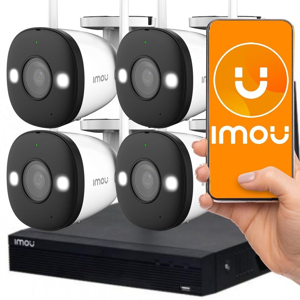 A set of four Imou security cameras and a DVR unit are displayed alongside a smartphone showing the Imou app.