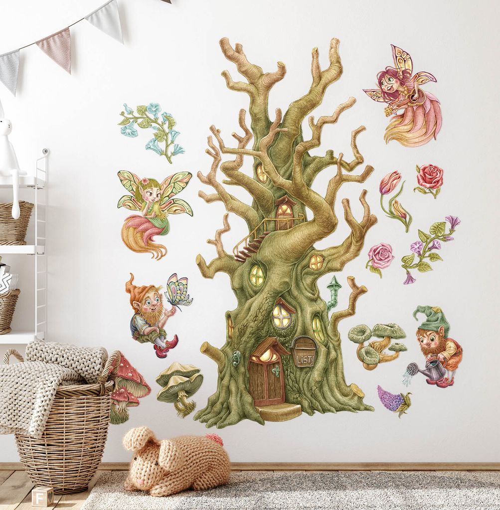 Feenzwerge und ein Haus – Wandgestaltung – Wandbilder Kinder – Motivtapeten Set – Wanddekor Kinderzimmer – Selbstklebende Wandsticker –...