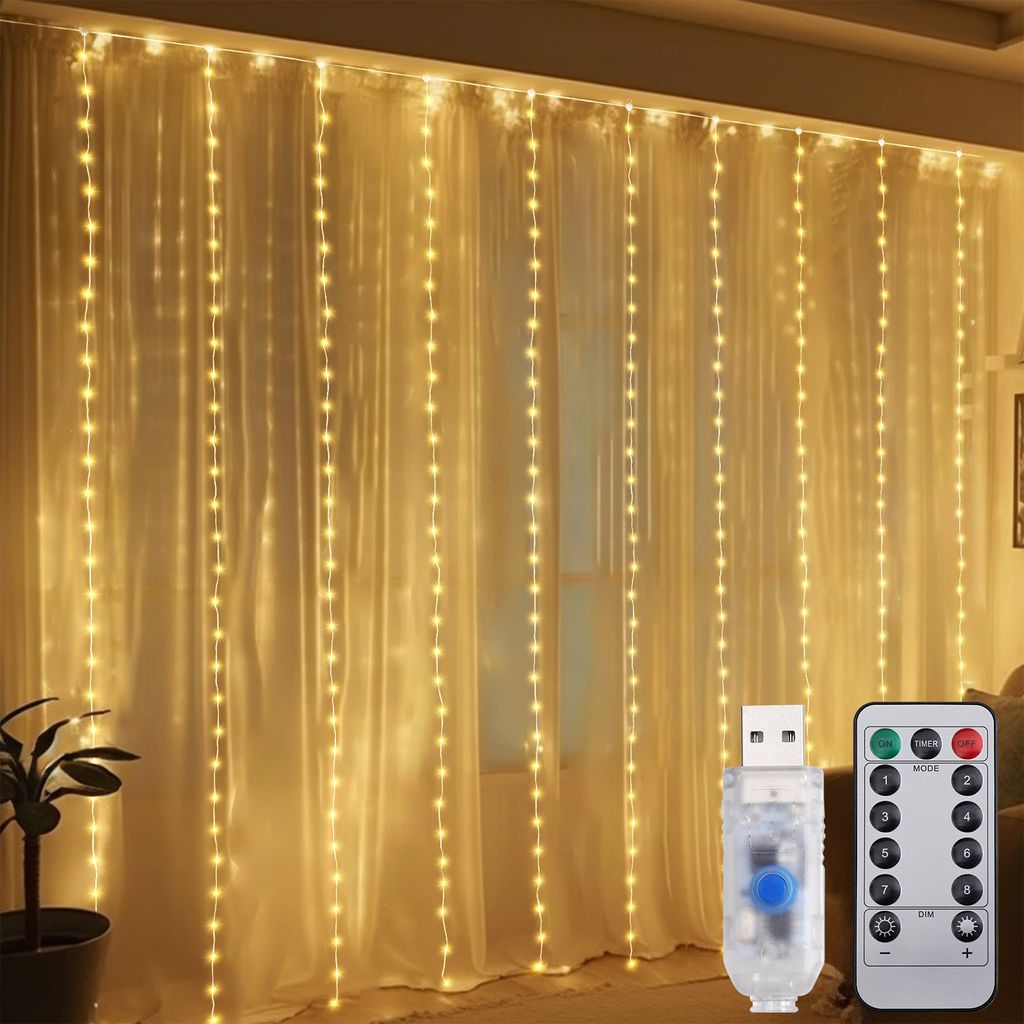 Salcar LED Lichterkette Lichtervorhang 3X3 m 200 LED Lichterkette Weihnachten USB mit Fernbedienung Timer 8 Modi für Fenster Hochzeit Party Deko