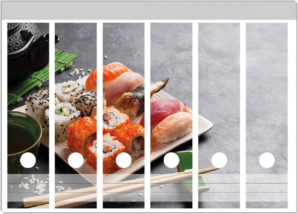 Wallario Ordnerrücken Sticker, selbstklebend für breite Ordner, 6 Stück, Motiv Sushi-Menü mit grünem Tee