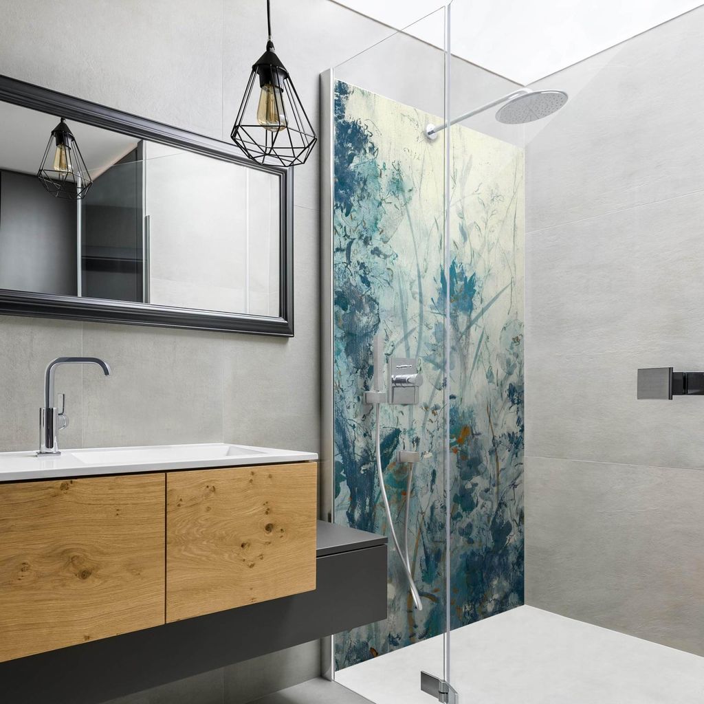Duschrückwand originell selbstklebend - 0.61 mm Wandpaneel wasserfest Pflanzen blau Aquarell Badrückwand fugenlos Premium matt 100x200 cm