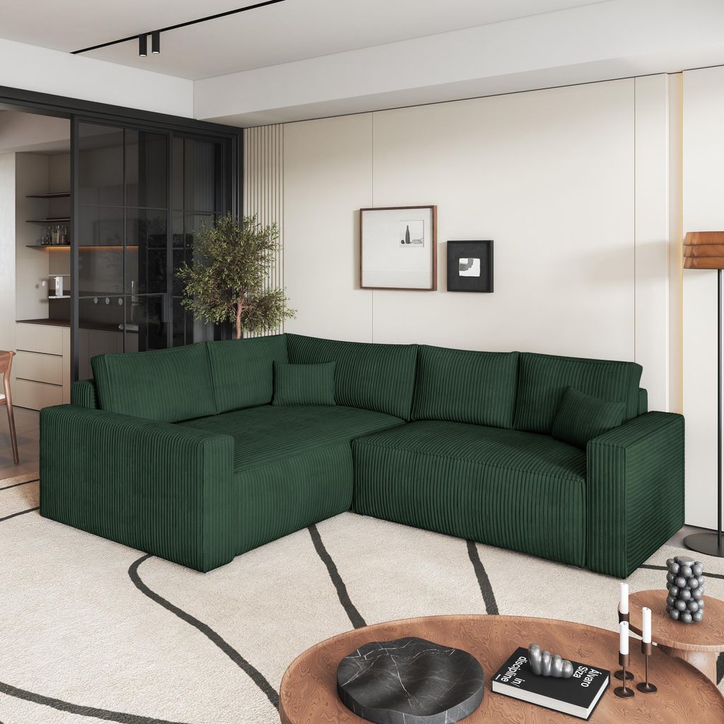 Masseno Ecksofa ERONIS L-S mit Schlaffunktion L-Form, Sofa mit Bettkasten, Wohnzimmersofa, Couch, Soffa, Bettsofa, Couchgarnitur- Grün, POSO 14