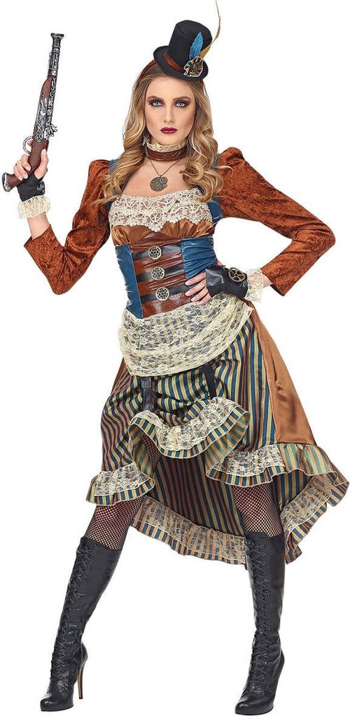 A woman wearing a steampunk costume and holding a prop gun.
