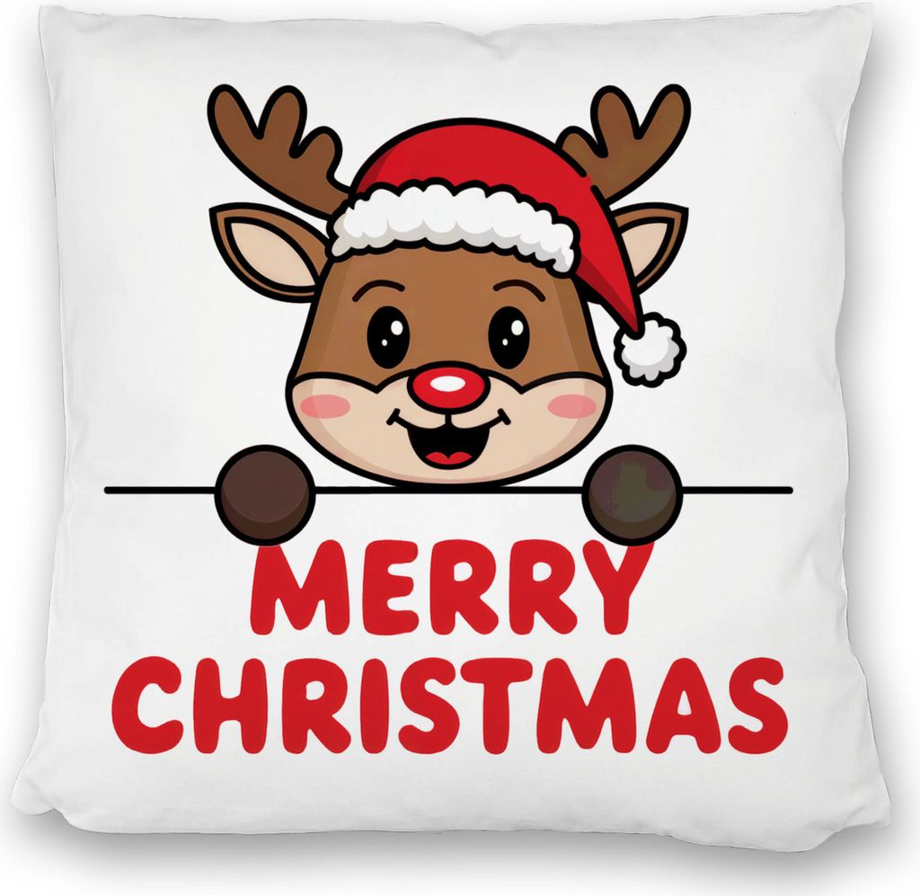 Niedliches Rentier mit Mütze - Merry Christmas Kissen satiniert