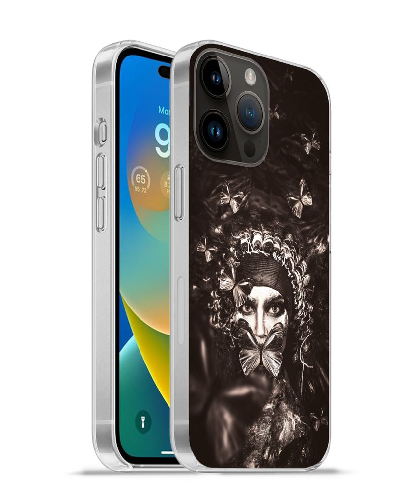 MuchoWow Handyhülle Schutzhülle Hülle für Apple iPhone 14 Pro Max Frau - Schmetterling - Schwarz - Weiß Silikon Softcase Handy Hülle - Hard...