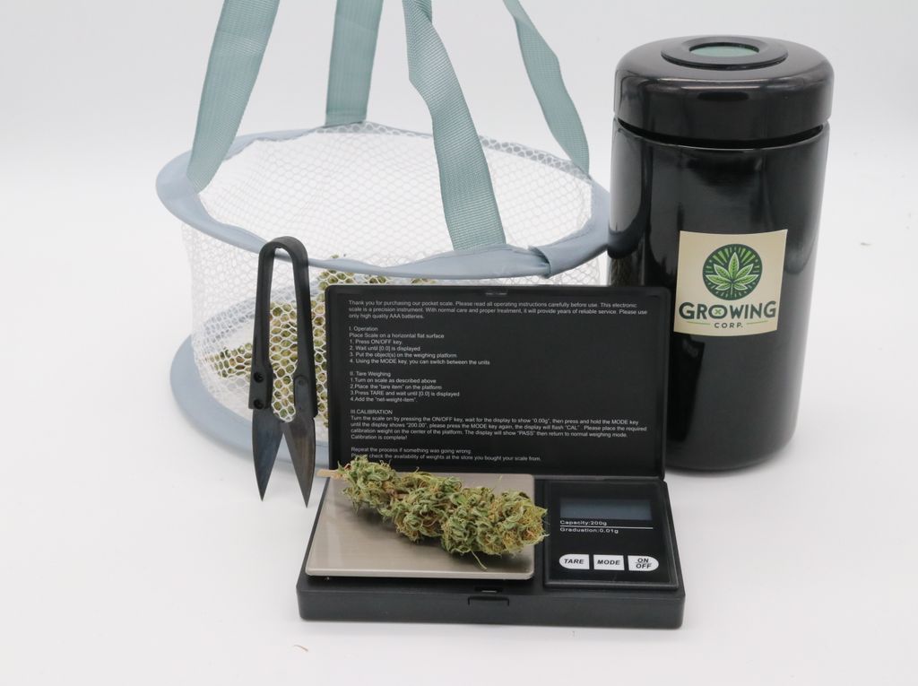 Cannabis Ernteset inkl. Humidor, Feinwaage, Kräutertrocknungsnetz, Blütenschere und detaillierter Anleitung