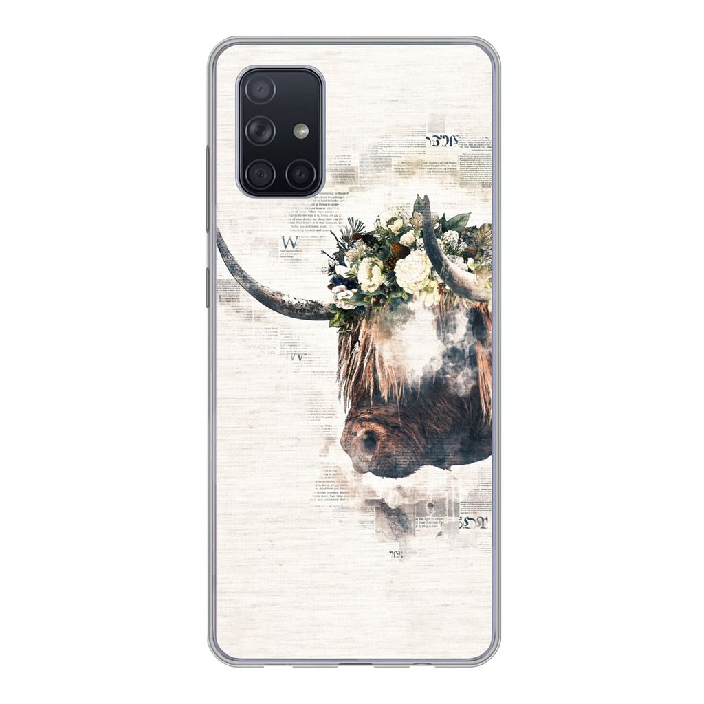 MuchoWow Handyhülle Schutzhülle Hülle für Samsung Galaxy A51 Schottischer Highlander - Rauch - Blumen Silikon Softcase Handy Hülle - Schutza...
