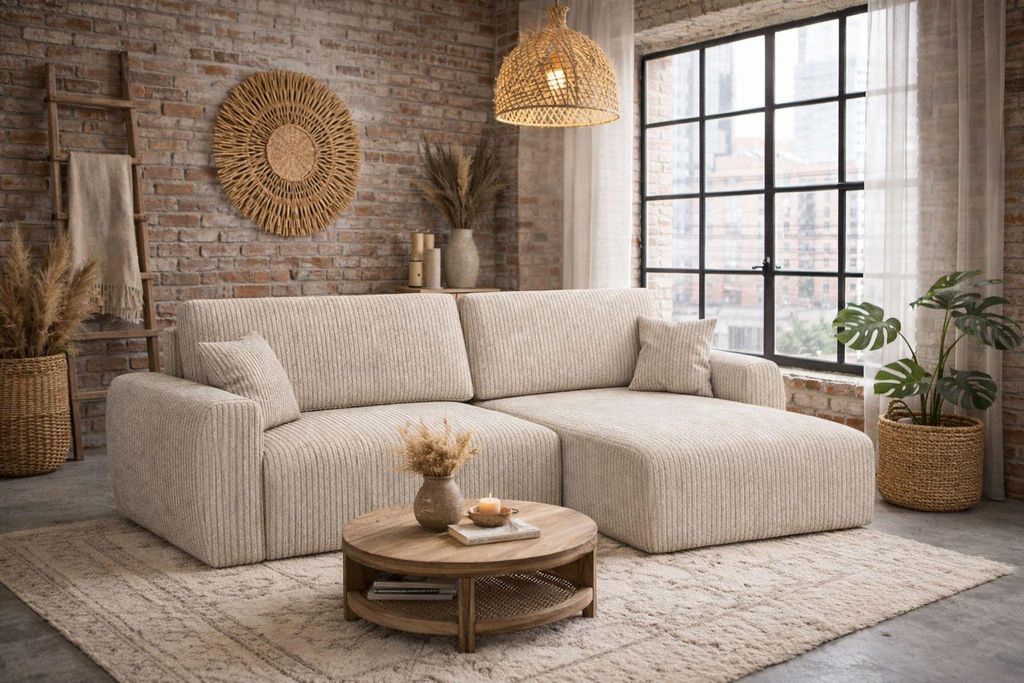 Kaiser Möbel Ecksofa mit Schlaffunktion und Bettkasten, Ariel XL, Cordstoff, Stoff Poso, Dunkelbeige, Rechts