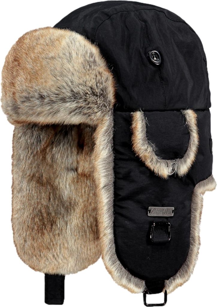 A black winter hat with faux fur trim.