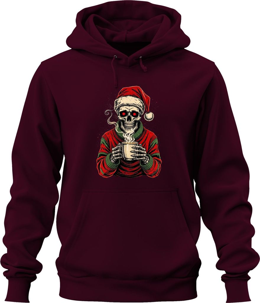 Skelett Santa rote Augen Kaffee Becher Gothic Weihnachten Uni Hoodie Kapuzenpullover, Burgundy, XL