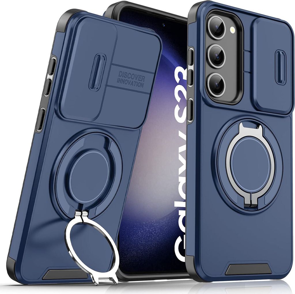 Handyhülle für Samsung Galaxy S23 Dual-Layer Stoßfest Militär Hülle mit Dia Kameraschutz und Magnetisch Ring Ständer Blau