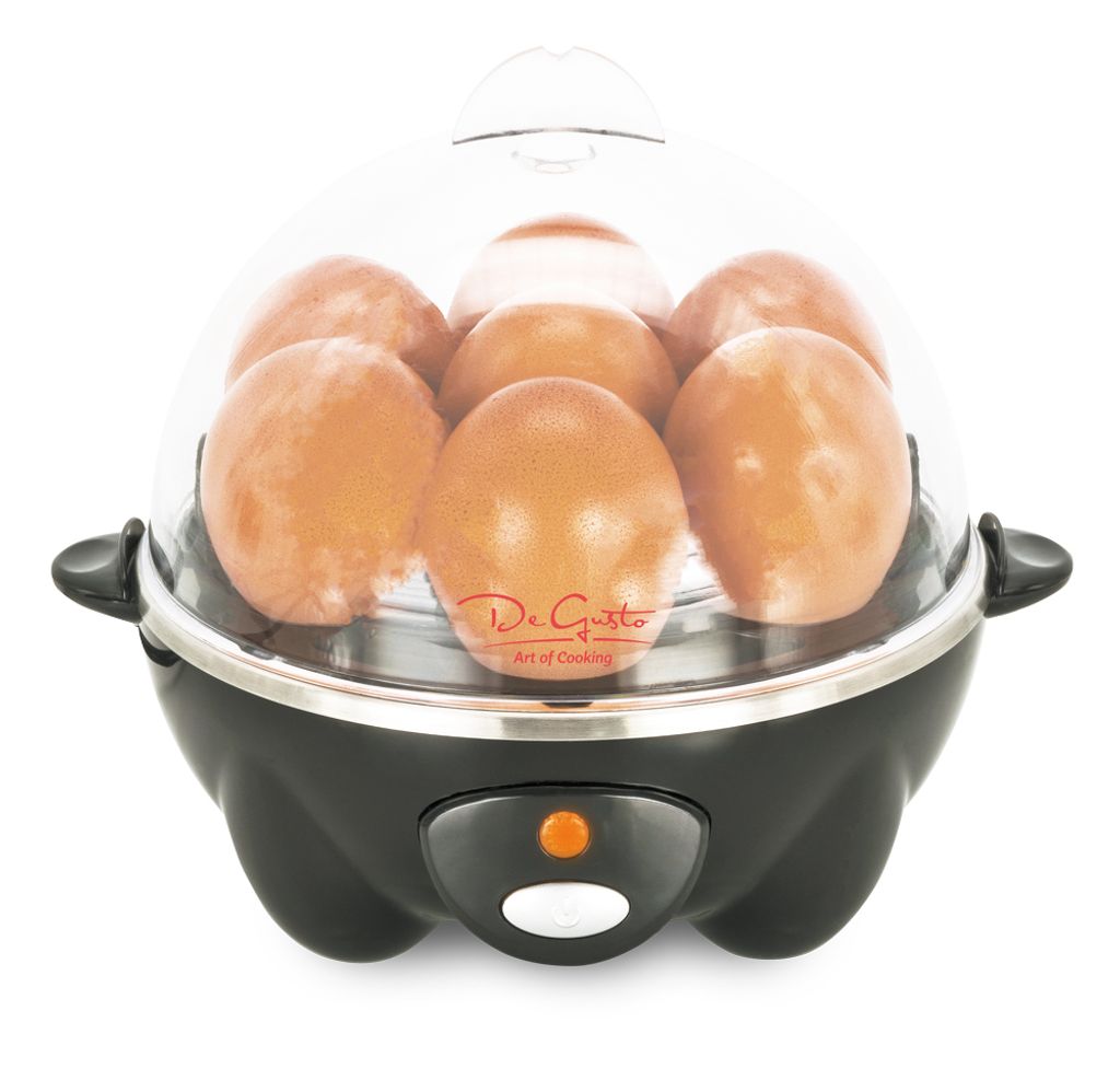 A close-up studio shot of an egg cooker filled with eggs.