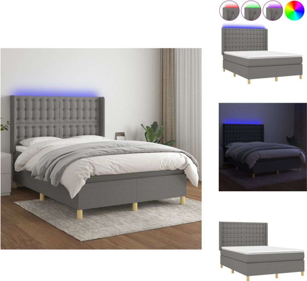 vidaXL Boxspringbett mit Matratze & LED Dunkelgrau 140x190 cm Stoff - Betten & Bettgestelle