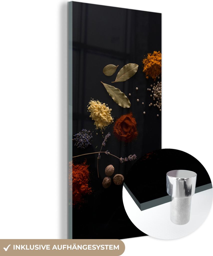 MuchoWow Glasbilder - Bilder auf Wandbild - Foto auf Glas Kräuter - Schwarz - Gewürze - Küche - Kochen 40x80 cm Wanddekoration aus Glas - Acrylg...