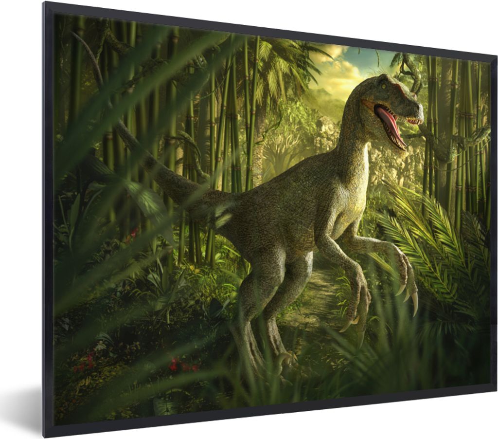 MuchoWow Gerahmtes Poster Dinosaurier - Pflanzen - Grün - Illustration - Kinder - Jungen 40x30 cm - Poster mit Schwarzem Bilderrahmen Wandposter...