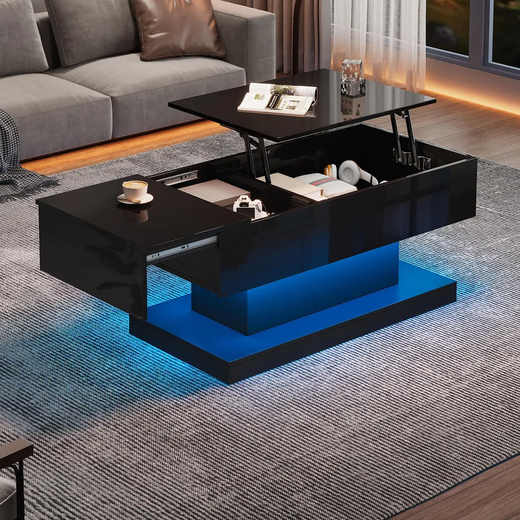 Table de salon relevable laquée avec LED et rangement Merax design