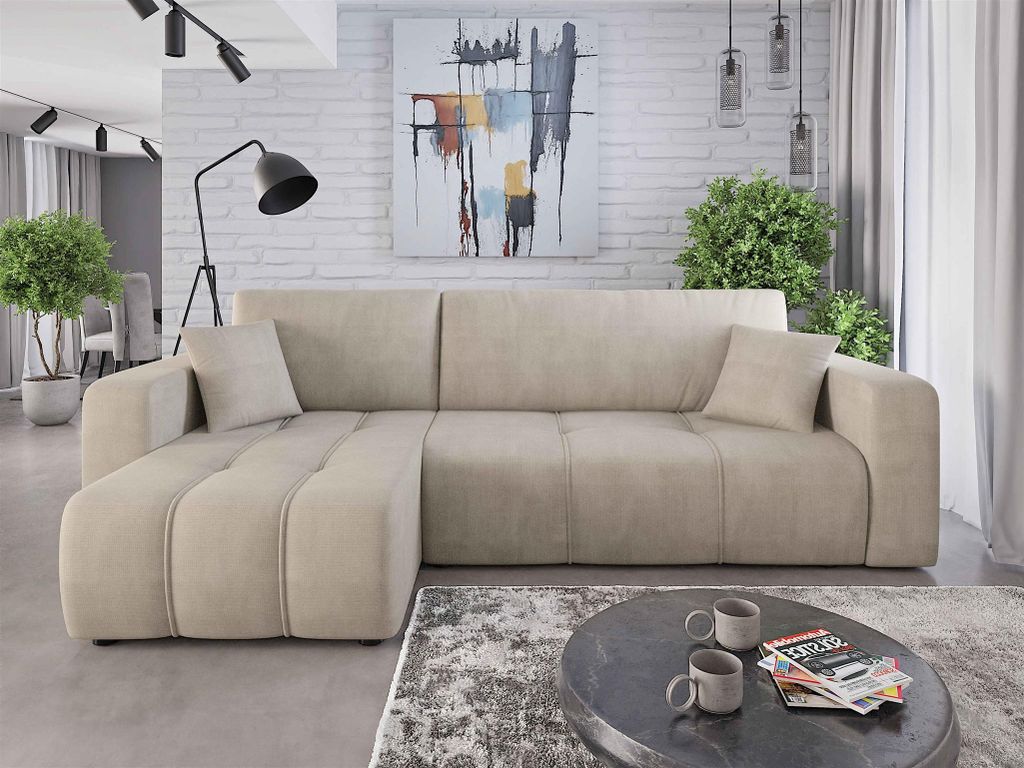 Ecksofa mit Schlaffunktion Sofa DAGNY in Stoff Cosmic Beige Ottomane Links