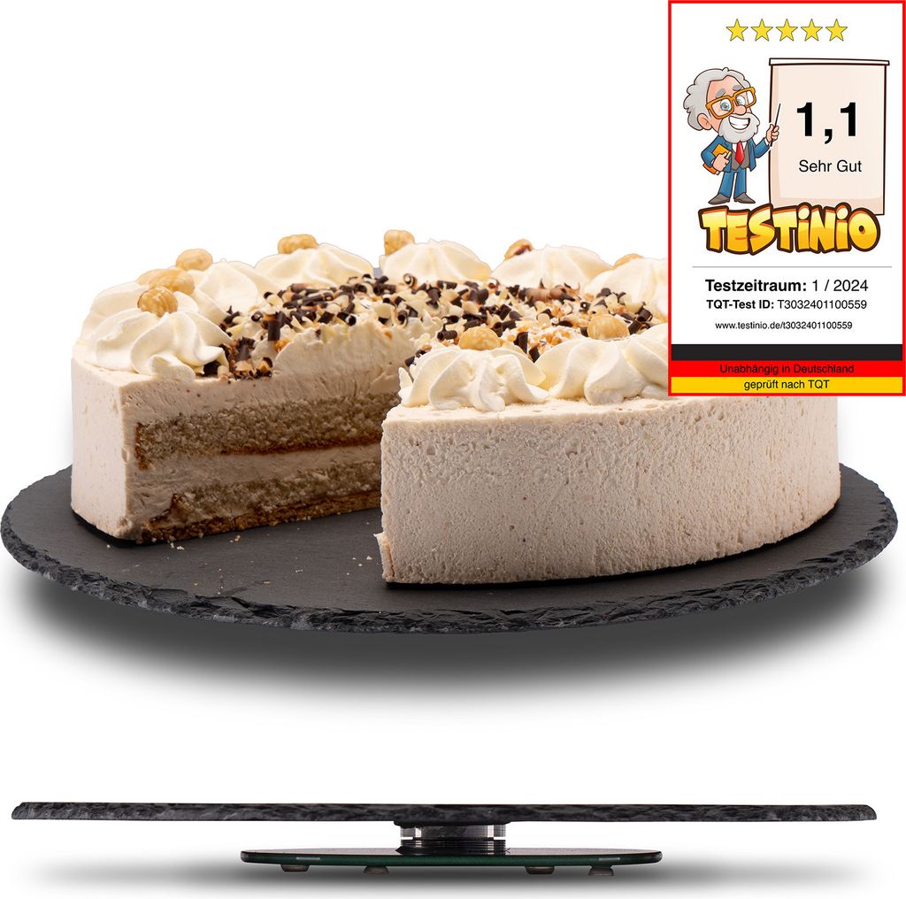 Fino Casa drehbare Schieferplatte rund als Servierplatte Kuchenplatte Wurstplatte Käseplatte Die Schiefer Platte als Tortenplatte mit Fuss