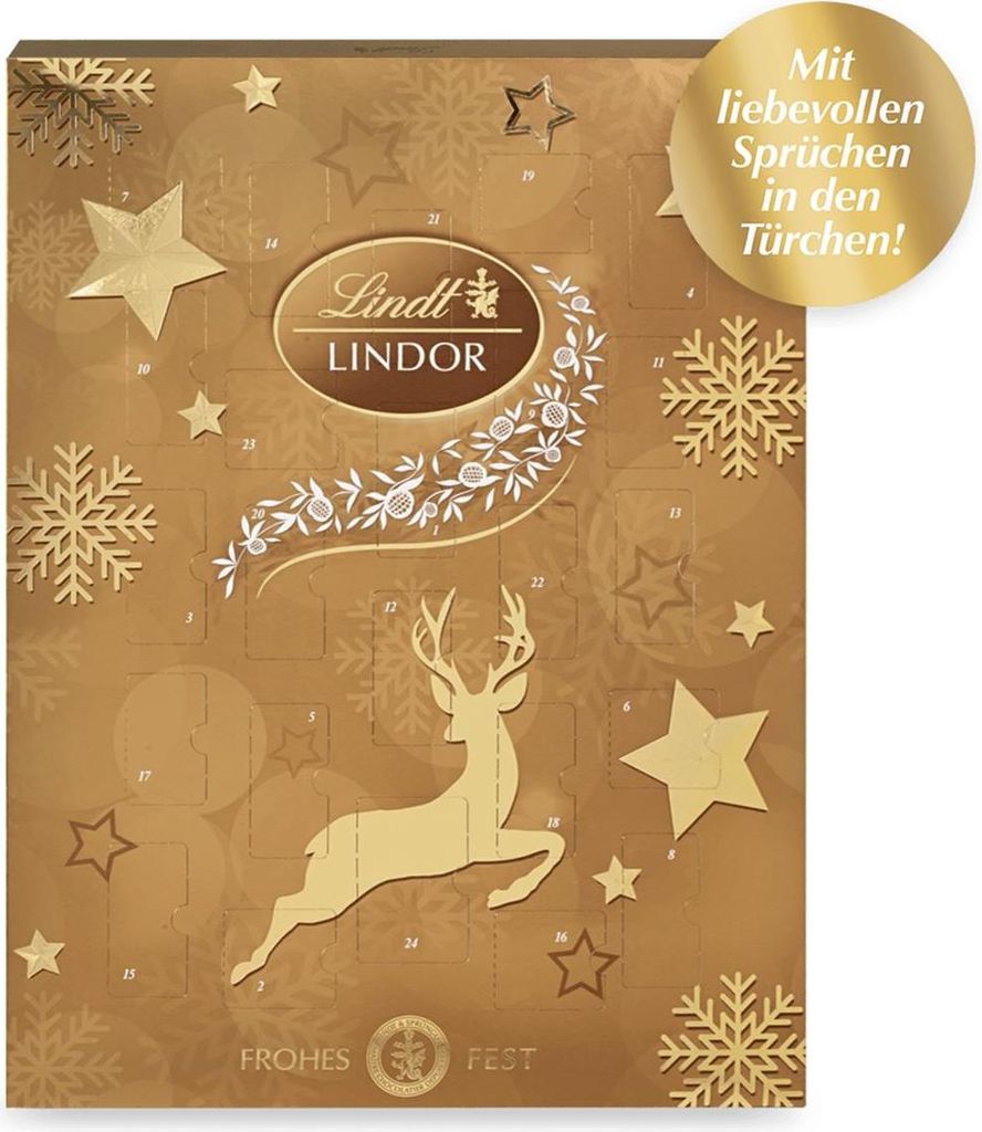 A golden advent calendar with a deer illustration and snowflakes, featuring Lindt branding.