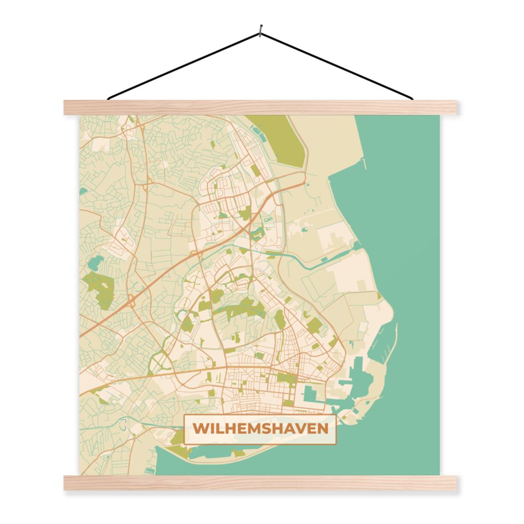 MuchoWow Textilposter Wilhelmshaven - Karte - Stadtplan - Vintage 60x60 cm mit holzfarbenen Rahmen - Wanddekoration
