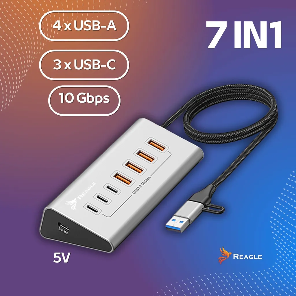 Hub USB Actif Reagle 7 Ports USB 3.2 Évite les Déconnexions PC