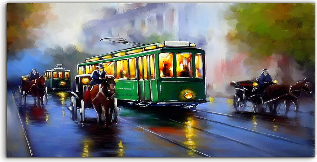 Coloray Spritzschutz aus Glas 120x60 Wandkunst Küchenrückwand Alte Straßenbahn Malerei Stadt Retro