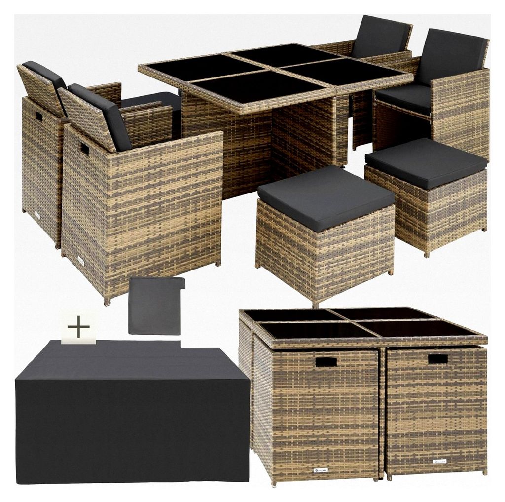 Lounge Möbel Set mit 4 Stühlen, 4 Hockern, 1 Tisch, platzsparender Cube Aufbewahrung, Outdoor Rattan Gartenmöbel für Balkon, Garten und Terrass...