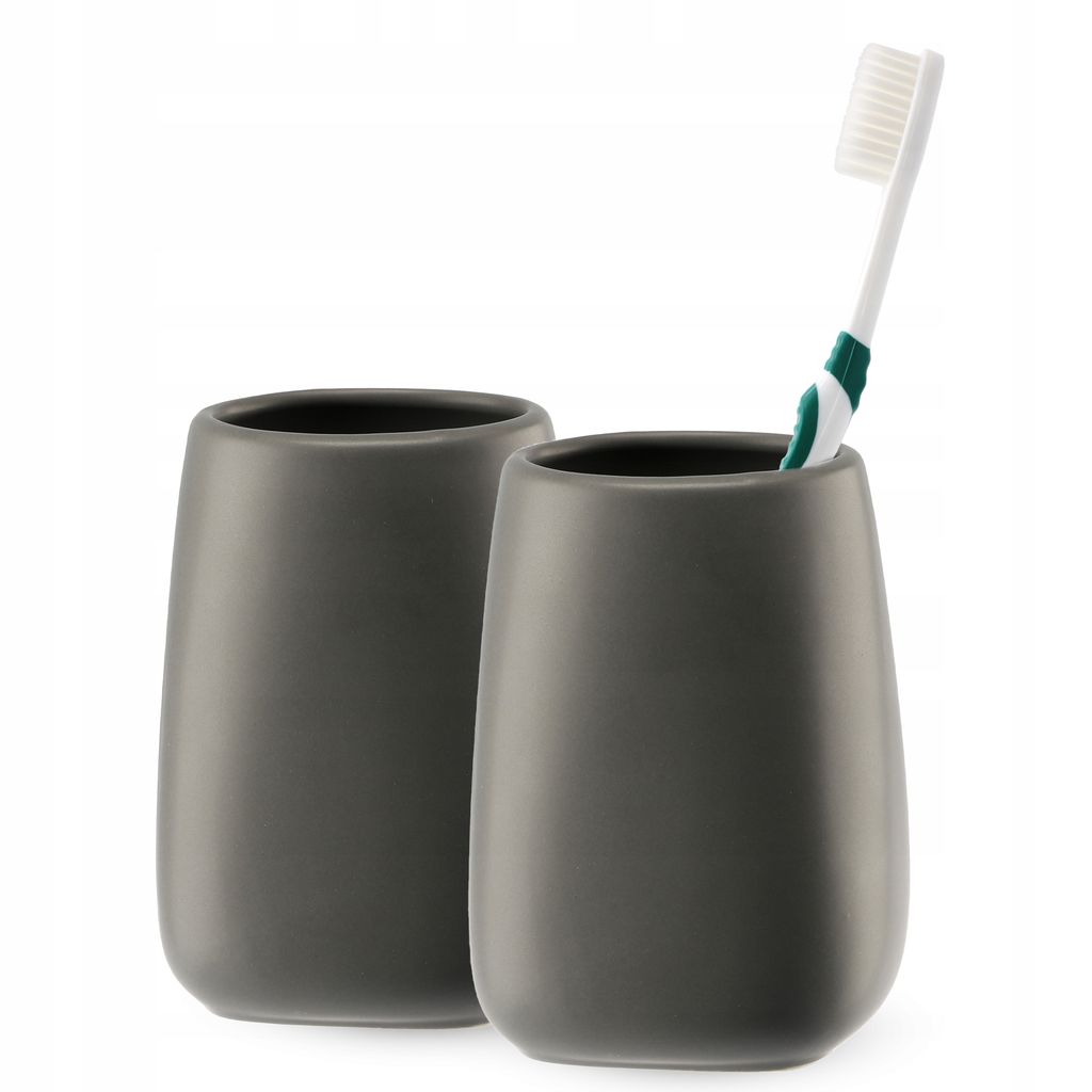 KADAX Keramik Badezimmer Cup "Palmi", Zahnbürstenhalter Zahnbürste, Zahnpasta, Grau, 2 Stück
