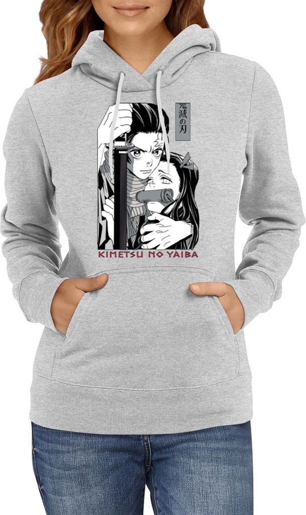 Damen Kapuzenpullover Demon Anime Slayer Tanjiro Nezuko Kamado 003, Lady XS / Grau