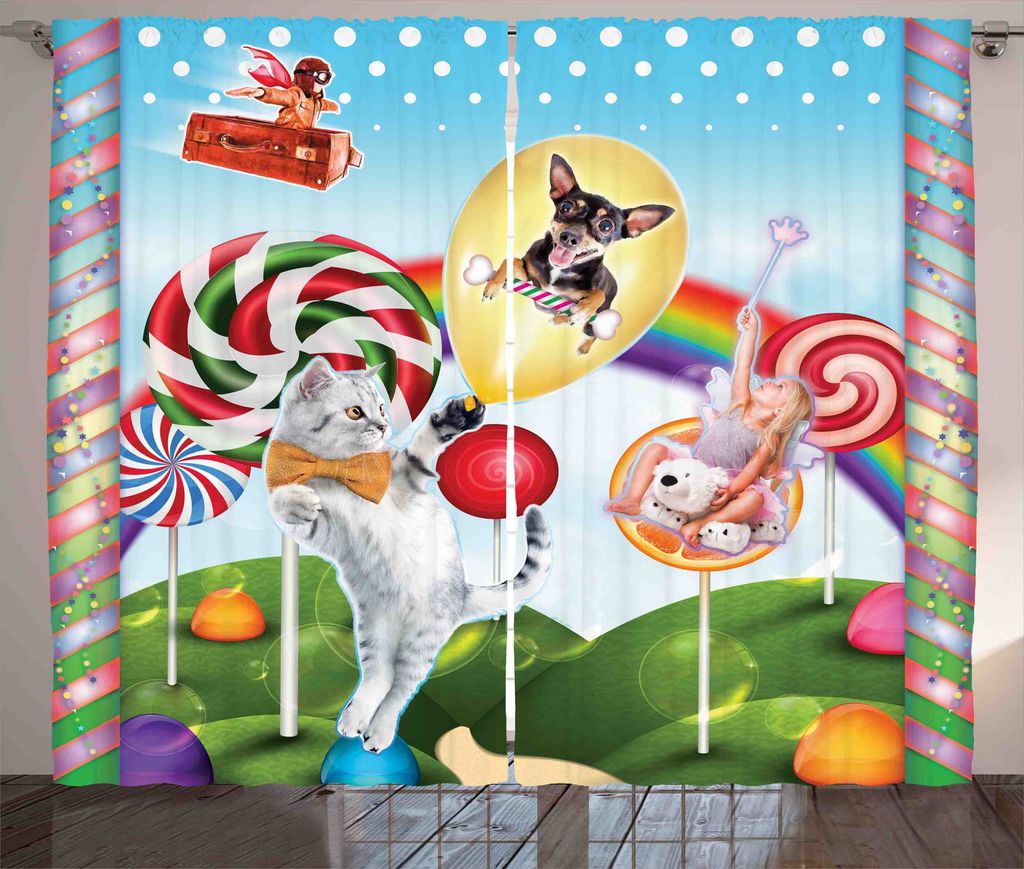 ABAKUHAUS Tier Rustikaler Vorhang, Regenbogen-Süßigkeiten Tiere, Wohnzimmer Universalband Gardinen mit Schlaufen und Haken, 280 x 175 cm, Mehrfarbig