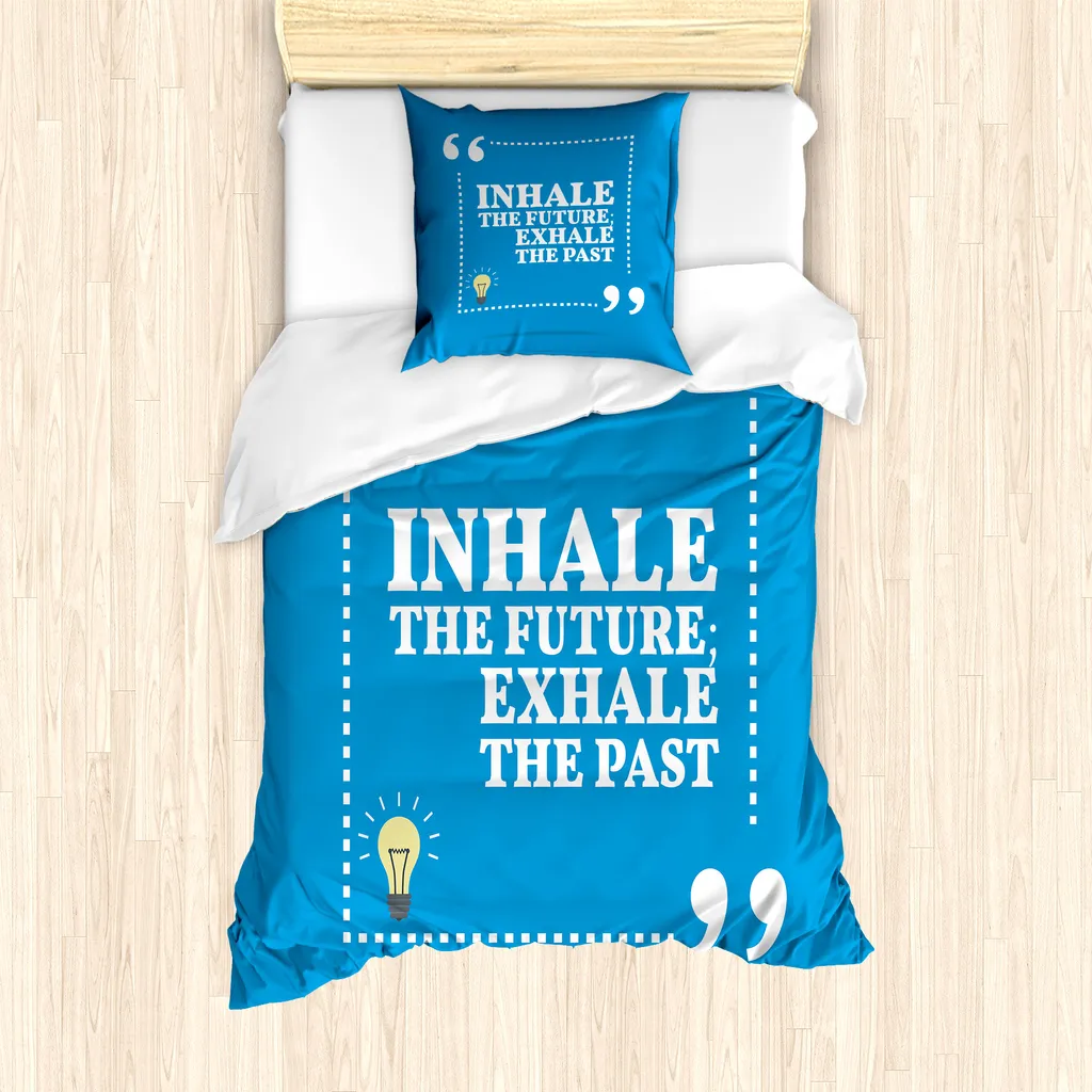 ABAKUHAUS Inspira Espira Set copripiumino per letti singoli, parole di saggezza blu, antiacaro, adatto a chi soffre di allergie, con federa, 135 cm x 200 cm - 80 x 80 cm, blu azzurro e bianco - 1