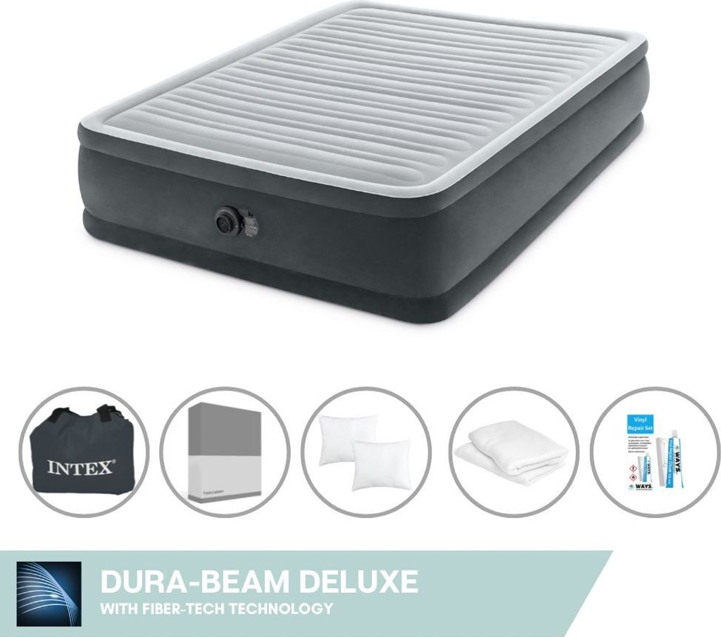Intex Luftbett - 2 Personen - 152 x 203 x 46 cm - Grau - Mit eingebauter Pumpe, Spannbettlaken Anthrazit, Kopfkissen, Molton 2 in 1 Kissenbezüge e...