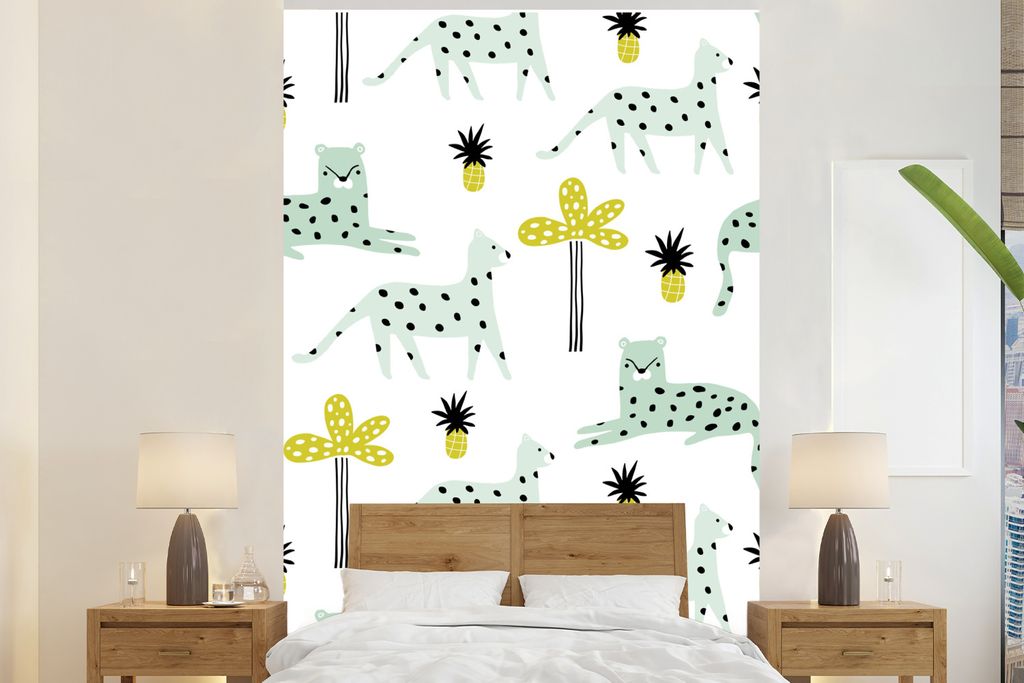 MuchoWow Fototapete für Wohnzimmer oder Schlafzimmer Wandtapete Vinyl Motivtapete Panther - Obst - Baum - 225x350 cm - Schlafzimmer tapete