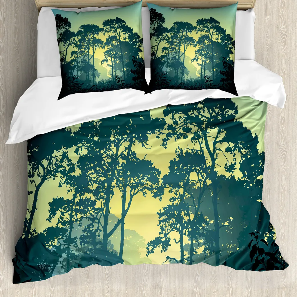 ABAKUHAUS Copripiumino naturale, scena con alberi nella foresta nebbiosa, antiacaro, adatto a chi soffre di allergie, con federe, 200 cm x 200 cm - 80 x 80 cm, Hunter and Green