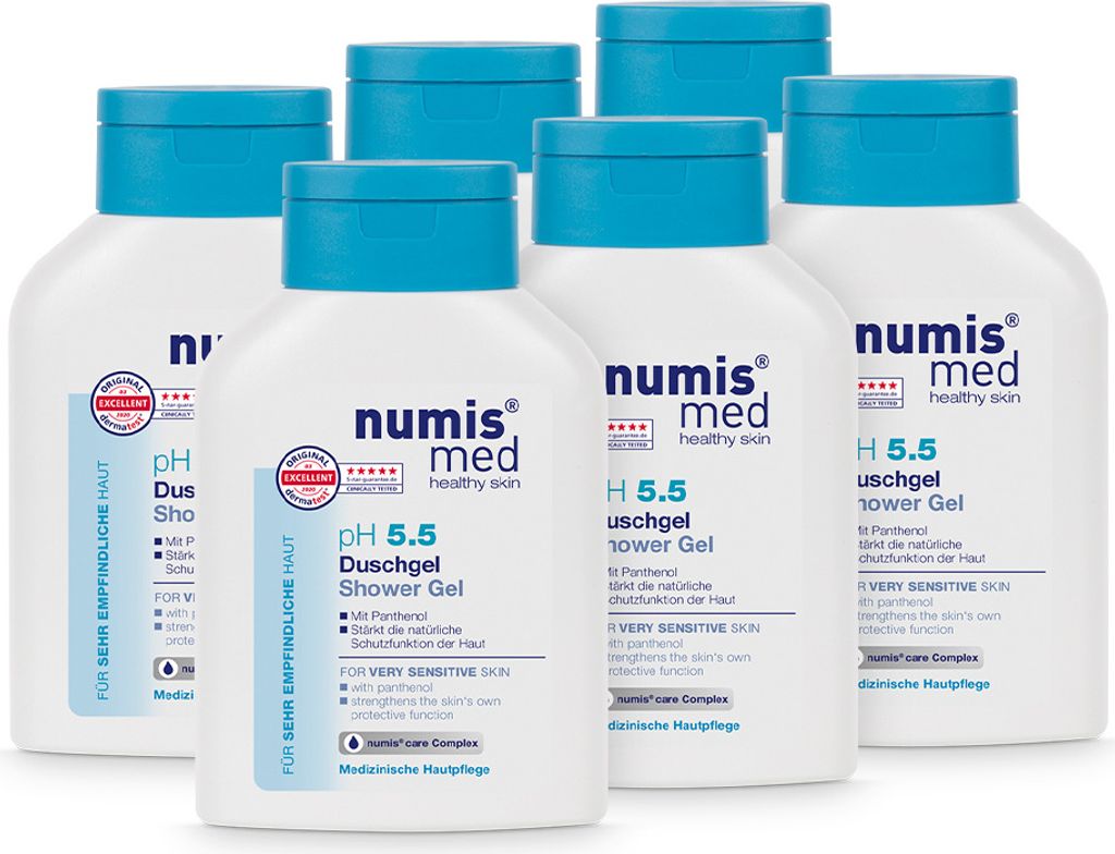 numis med Duschgel ph 5.5 - Hautberuhigendes Shower Gel für sehr empfindliche & sensible Haut - Hautpflege 6x 200 ml