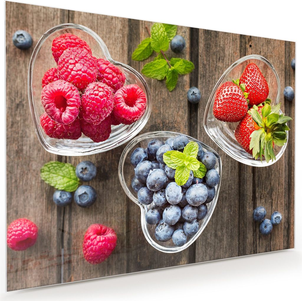 Glasbild Wandbild Beeren in Herzschalen 100x75cm in XXL für Wohnzimmer, Schlafzimmer, Badezimmer, Flur