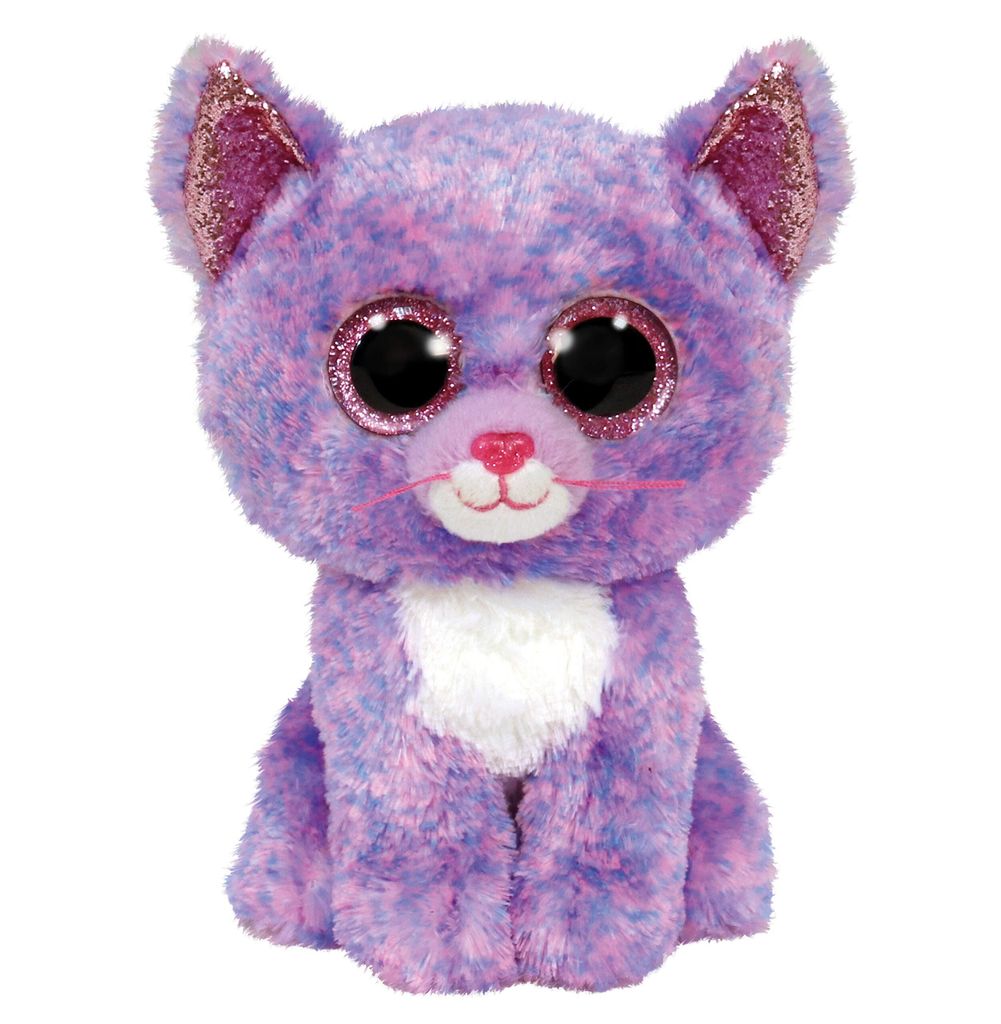 A plush toy cat with purple and pink fur, large glittery eyes, and a white chest.