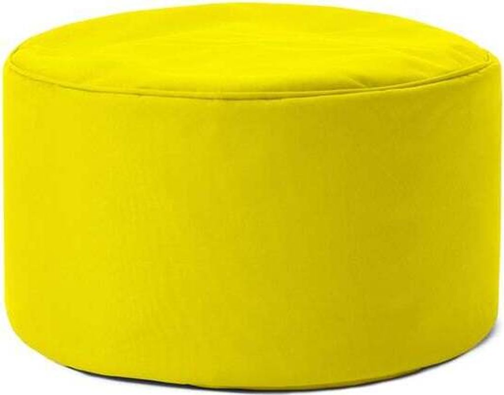 A yellow pouf is shown against a white background.