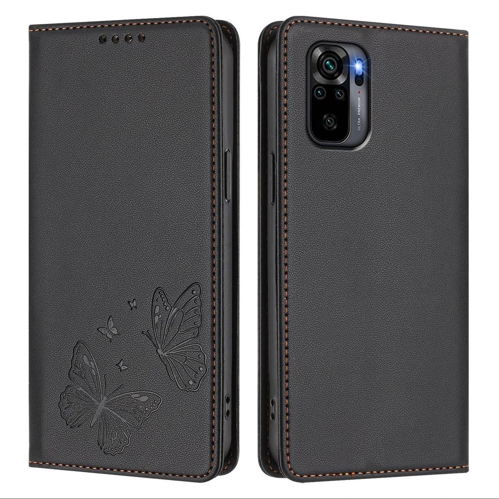 Lederhülle für Xiaomi Redmi Note 10S/Note 10 4G, Schmetterling Prägung Leder Brieftasche Schutzhülle mit Ständer Schwarz