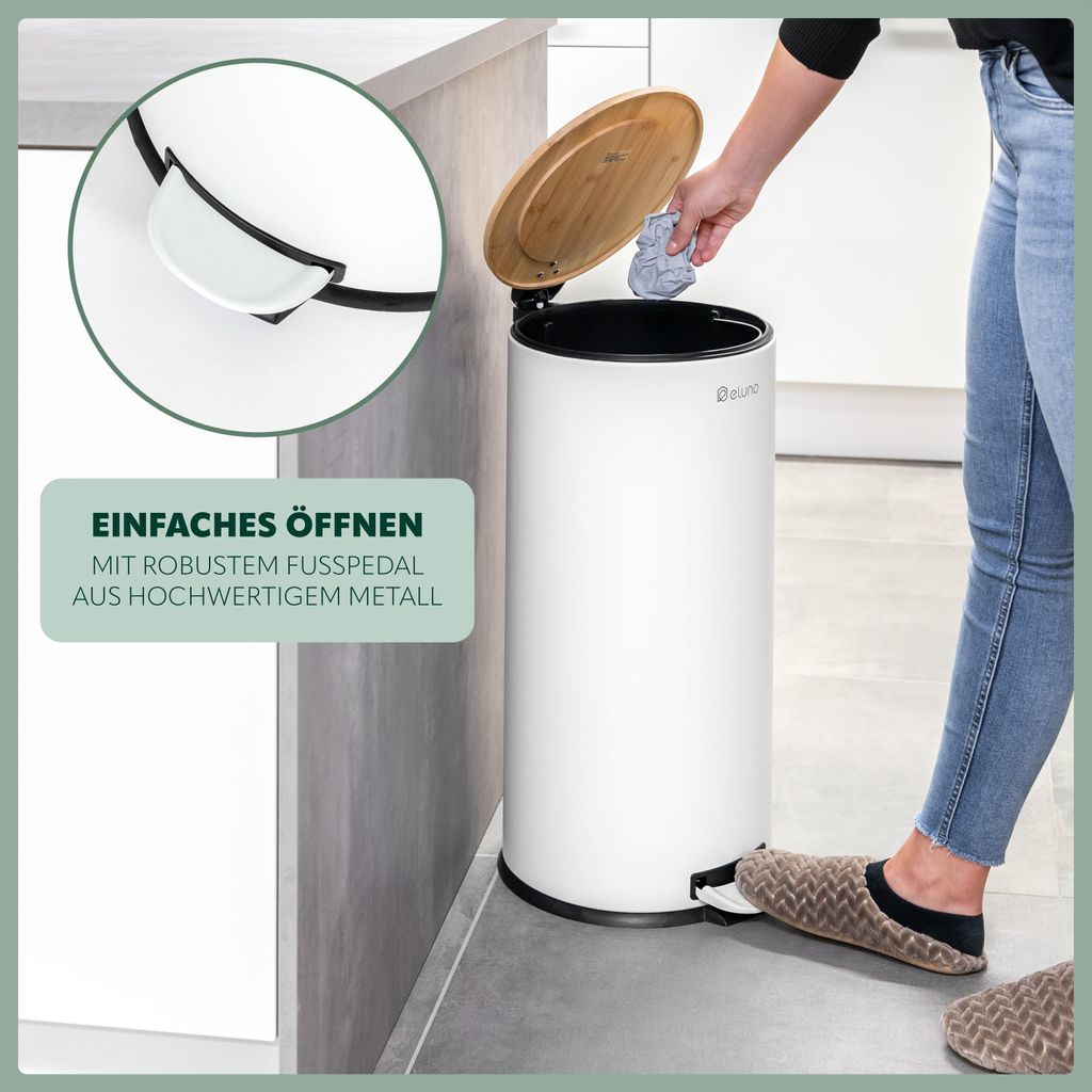 Eluno Pattumiera A Pedale 3L Con Coperchio In Bambù E Soft-Close - Per Bagno, Cucina, Camera Da Letto (Bianco) - 4