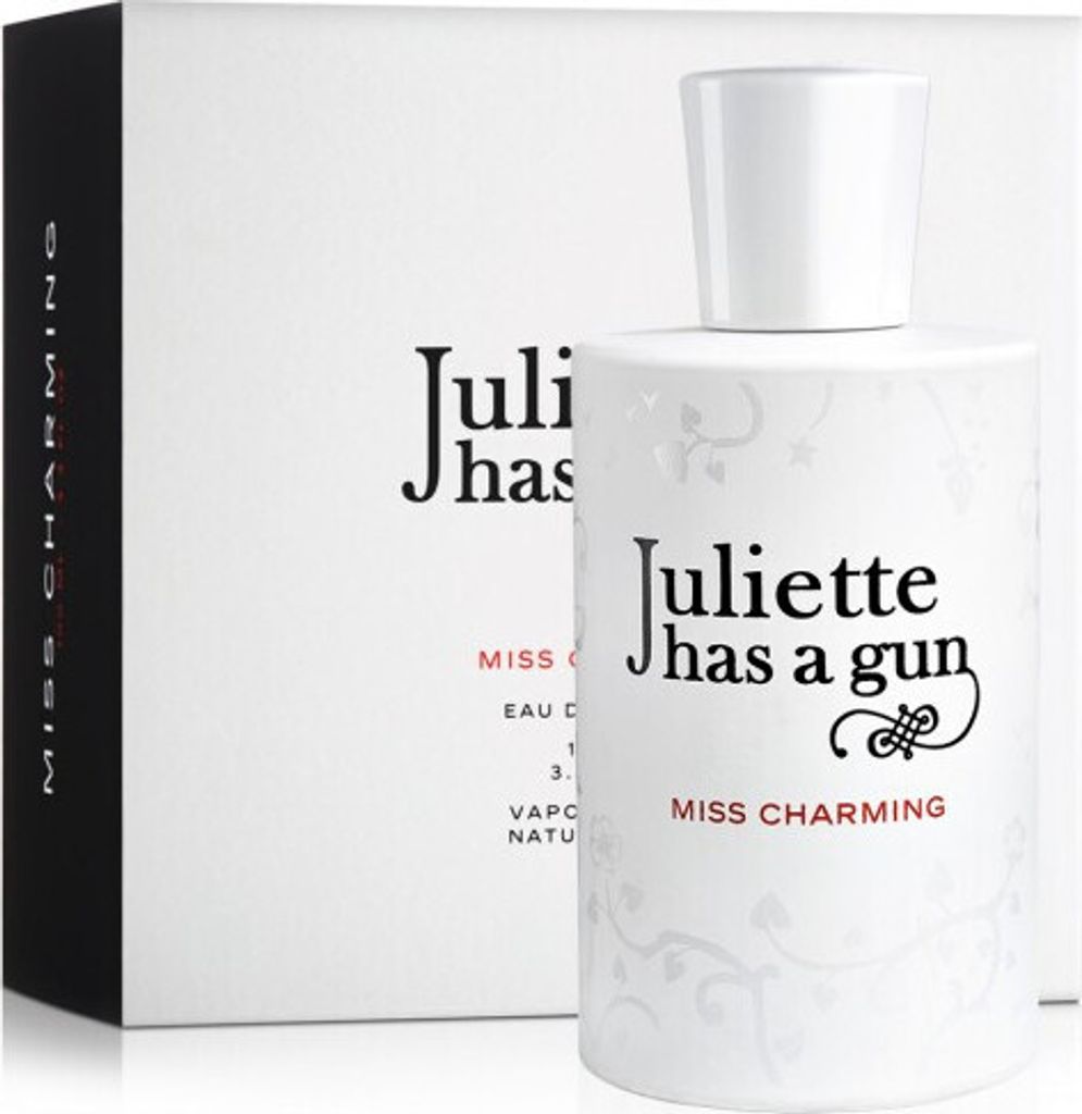 A white perfume bottle and its packaging are displayed against a white background.