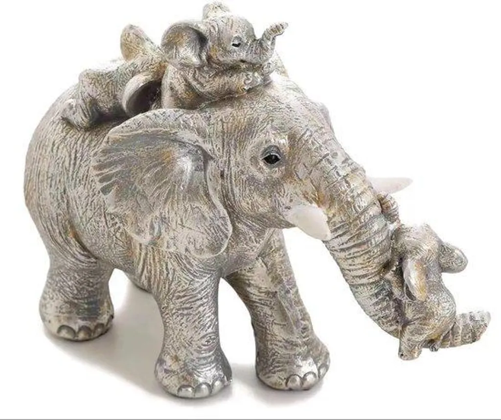 Figurine Éléphant Argent en Résine - Trio Familial Design pour Étagère