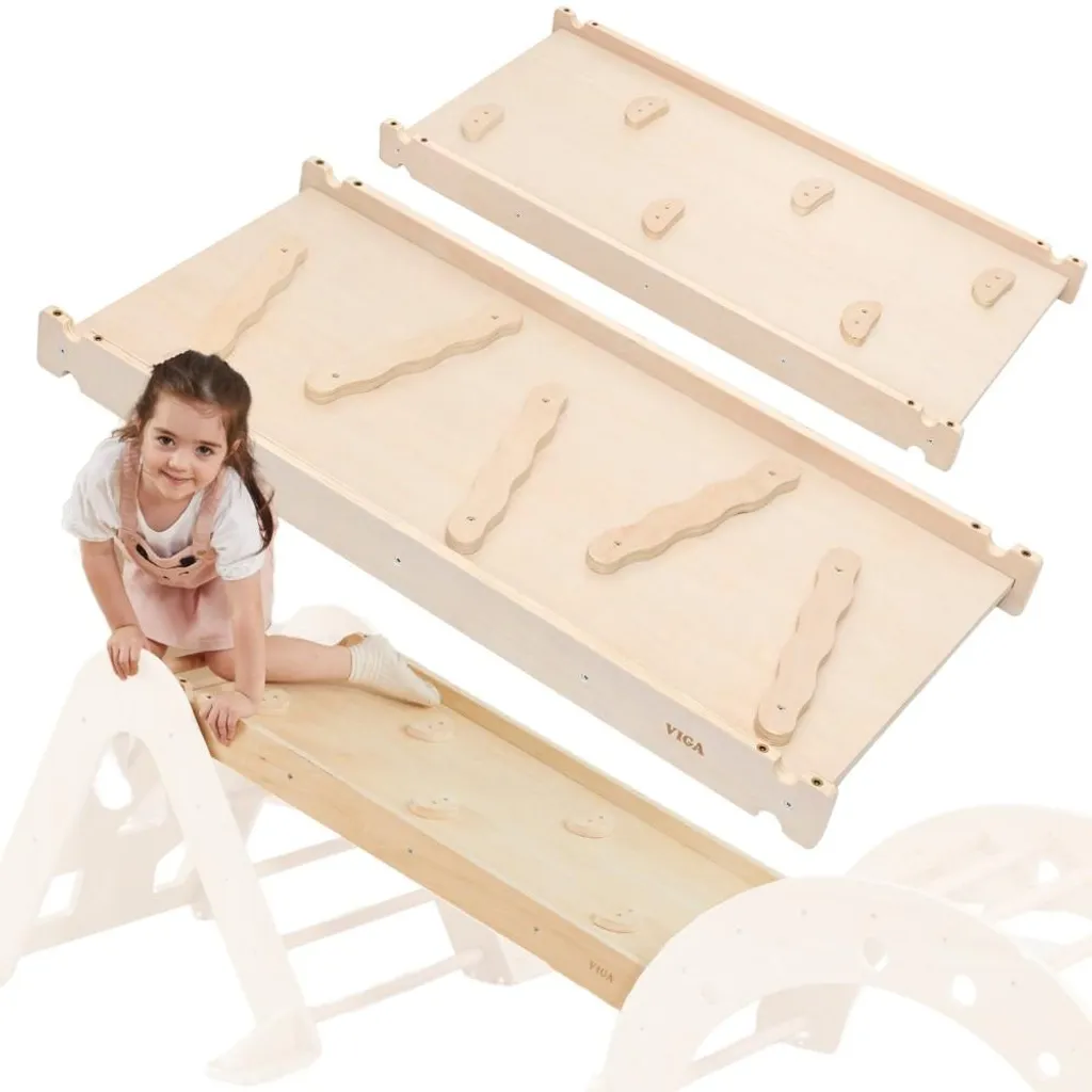 Mur d'escalade droit Viga en bois naturel avec toboggan modulable 2m