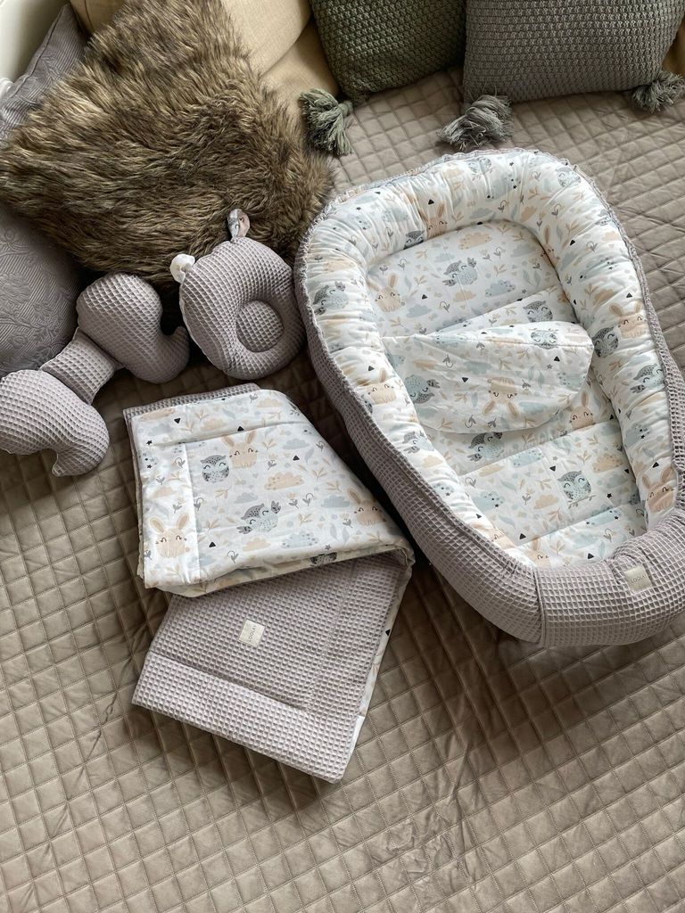 Waffelpique GRAU/ HASE Beige Babynestchen Unterlage 5 Tlg SET Babynest Wicleklunterlage Reisebett Babydecke Babyausstattung 2 Seitig PREMIUM Geschenk