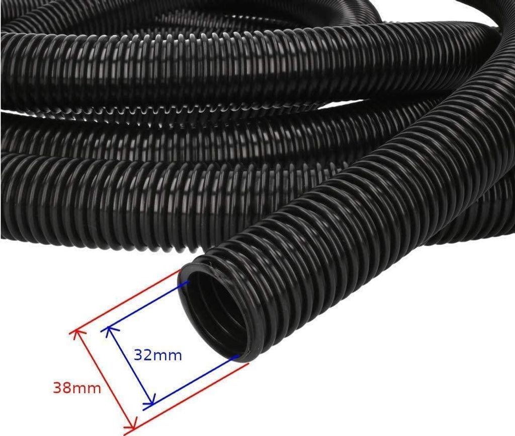 A coiled black corrugated hose with measurement indicators.