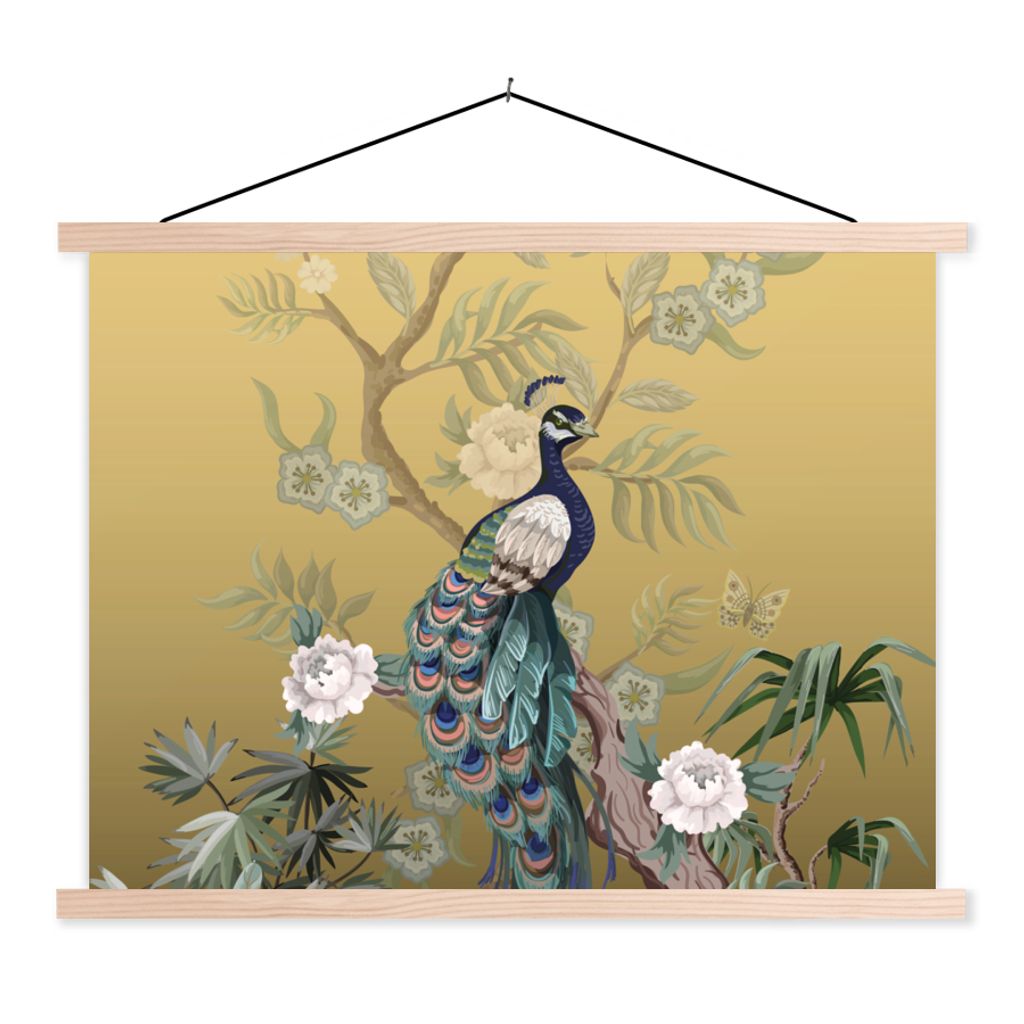 MuchoWow Textilposter Pfau - Rosen - Gold - Pfauenfedern - Luxus 40x30 cm mit holzfarbenen Rahmen - Bilder